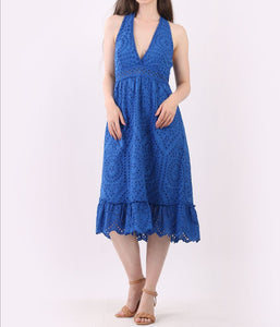 Italian Broderie Eyelet Cotton Lagenlook Halter Midi Dress (5 Colors)
