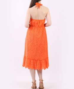 Italian Broderie Eyelet Cotton Lagenlook Halter Midi Dress (5 Colors)
