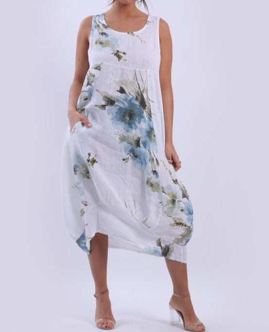 Italian Ribbed Sides Floral Linen Lagenlook Dress (2 Colors)