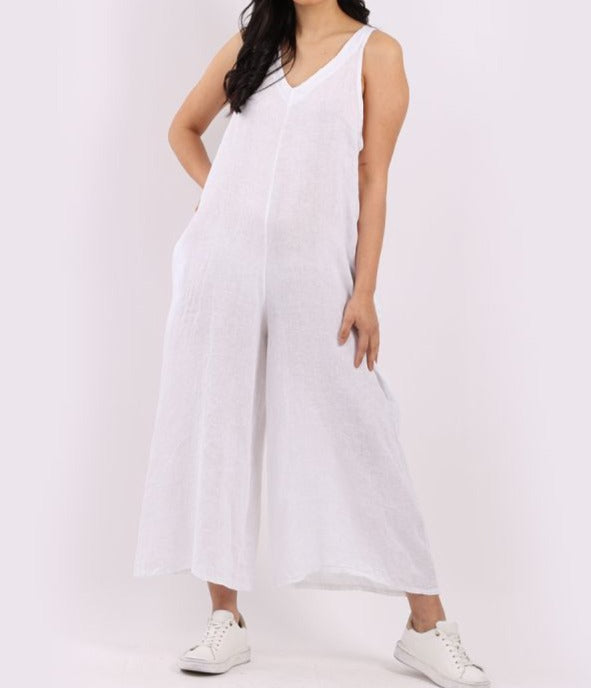 Italian Solid Linen Lagenlook Wide Leg Jumpsuit