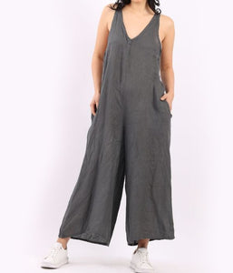 Italian Solid Linen Lagenlook Wide Leg Jumpsuit