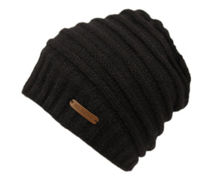 Rolled Stripe Design Knit Slouchy Beanie w/ Sherpa Lining