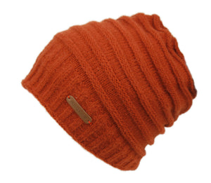 Rolled Stripe Design Knit Slouchy Beanie w/ Sherpa Lining