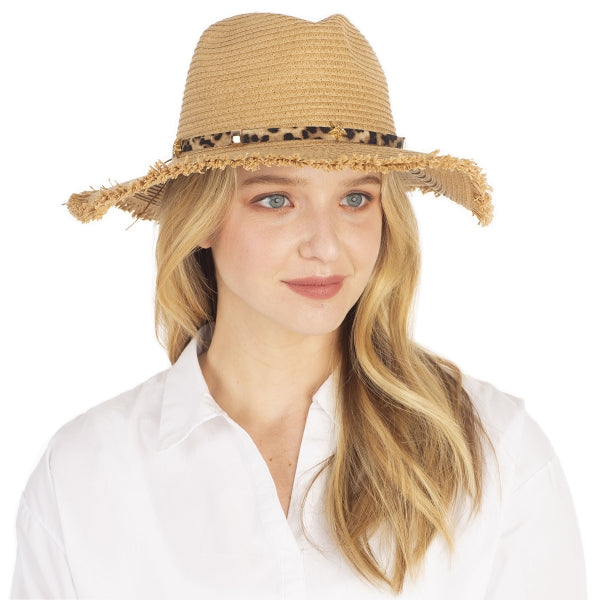 Leopard Pattern Trim Panama Hat (Natural) - CeCe Fashion Boutique