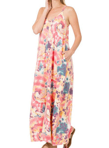 Tie Dye Print Cami Maxi Dress with Pockets (2 Colors)