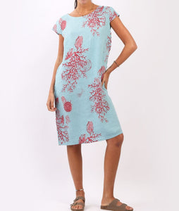 Italian Linen Coral Reef Print Lagenlook Midi Shift Dress (3 Colors)