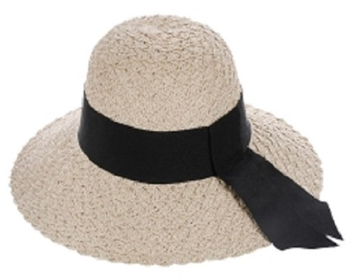 Straw Hat With Wide Tie - Beige - CeCe Fashion Boutique
