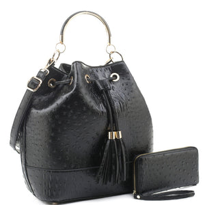 Ostrich Print 2-Way Drawstring Satchel Wallet Set (4 Colors) - CeCe Fashion Boutique