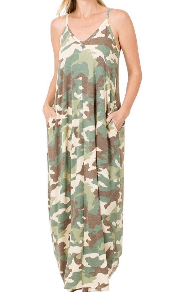 Camouflage Print Cami Maxi Dress with Pockets