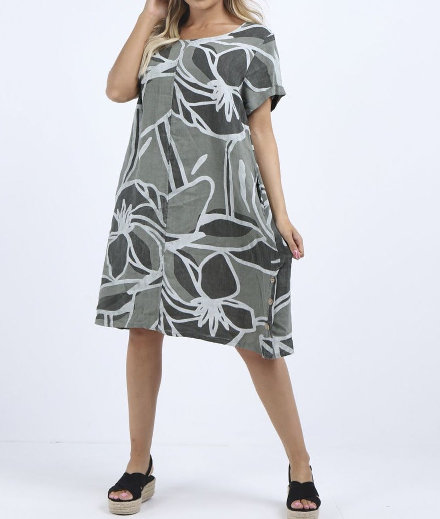Italian Leaf Print Linen Lagenlook Shift Dress (6 Colors)