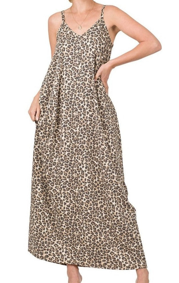 Leopard Print Cami Maxi Dress with Pockets