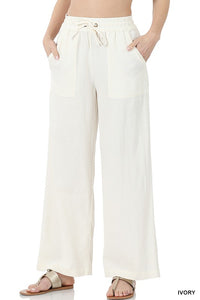 Linen Blend Drawstring-Waist Pants With Pockets (2 Colors)