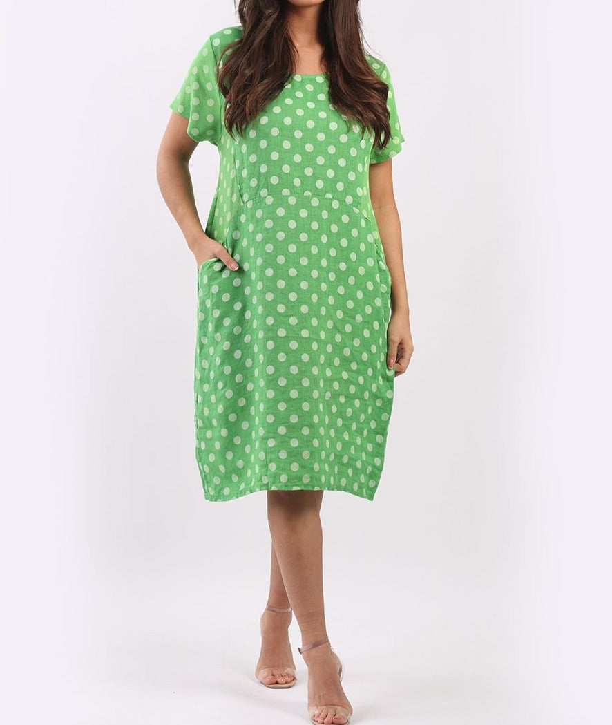 Italian Linen Polka Dot Lagenlook Straight Cut Midi Dress (2 Colors)