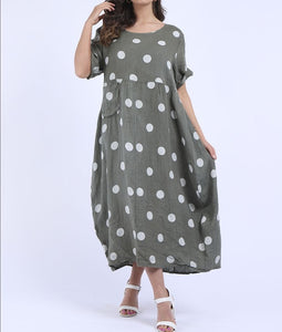 Italian Polka Dot Print Linen Lagenlook Dress