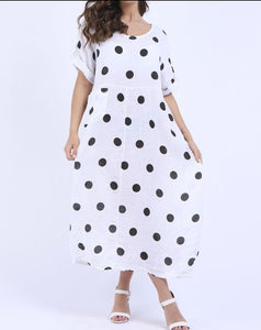 Italian Polka Dot Print Linen Lagenlook Dress