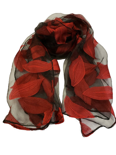 Sheer Leaf Pattern Embroidery Scarf - Red - CeCe Fashion Boutique