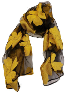 Sheer Flower Pattern Embroidery Scarf - Yellow - CeCe Fashion Boutique