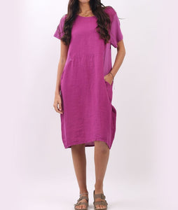 Italian Linen Plain Ribbed Sides Lagenlook Midi Dress (3 Colors)
