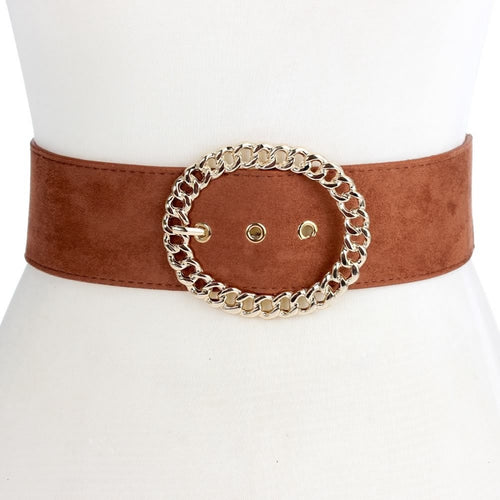 Elastic Belt with Oval Chain Buckle - Brown - CeCe Fashion Boutique
